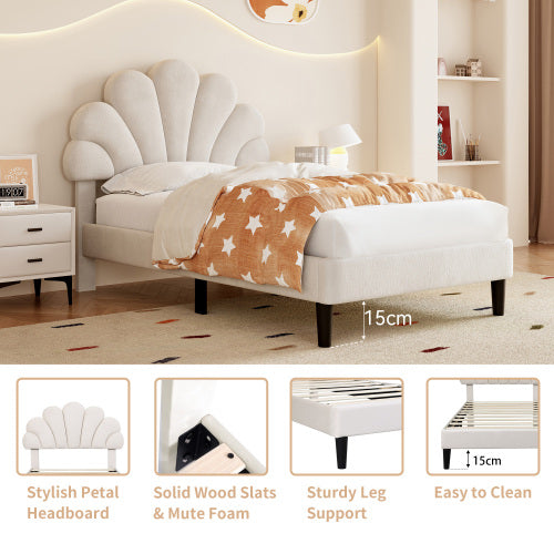 3ft Single Upholstered Velvet Bed Frame, With Adjustable Chic Petal Headboard, Velvet Platform Bed Frame With Solid Wood Slat, No Box Spring Needed, Easy Assembly, Beige