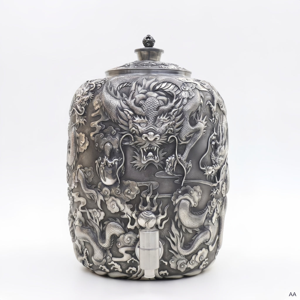 Pure 999 Fine Silver Ornate Silver Dragon-Carved Beverage Dispenser with Intricate Oriental Relief Art - Handicraft