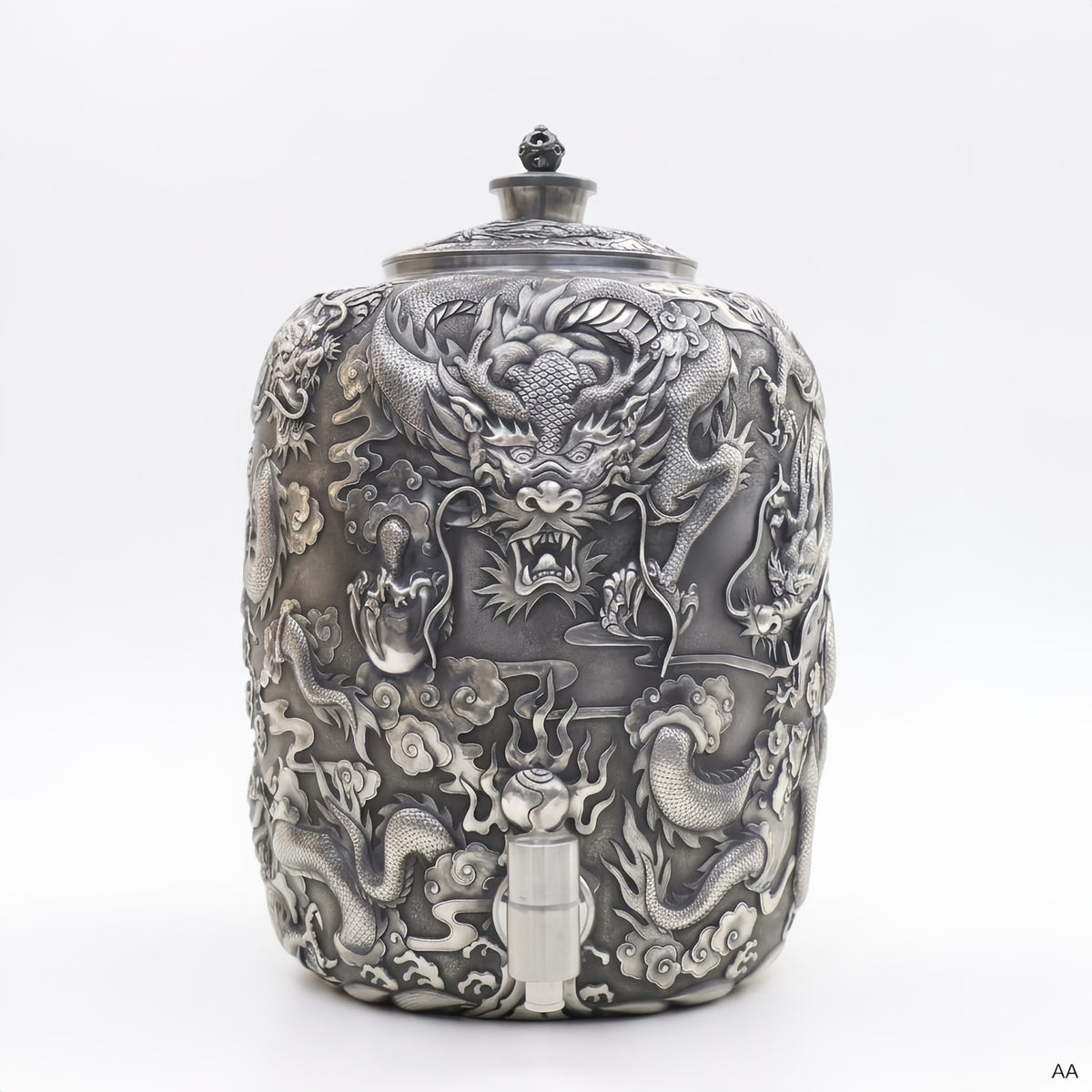 Pure 999 Fine Silver Ornate Silver Dragon-Carved Beverage Dispenser with Intricate Oriental Relief Art - Handicraft