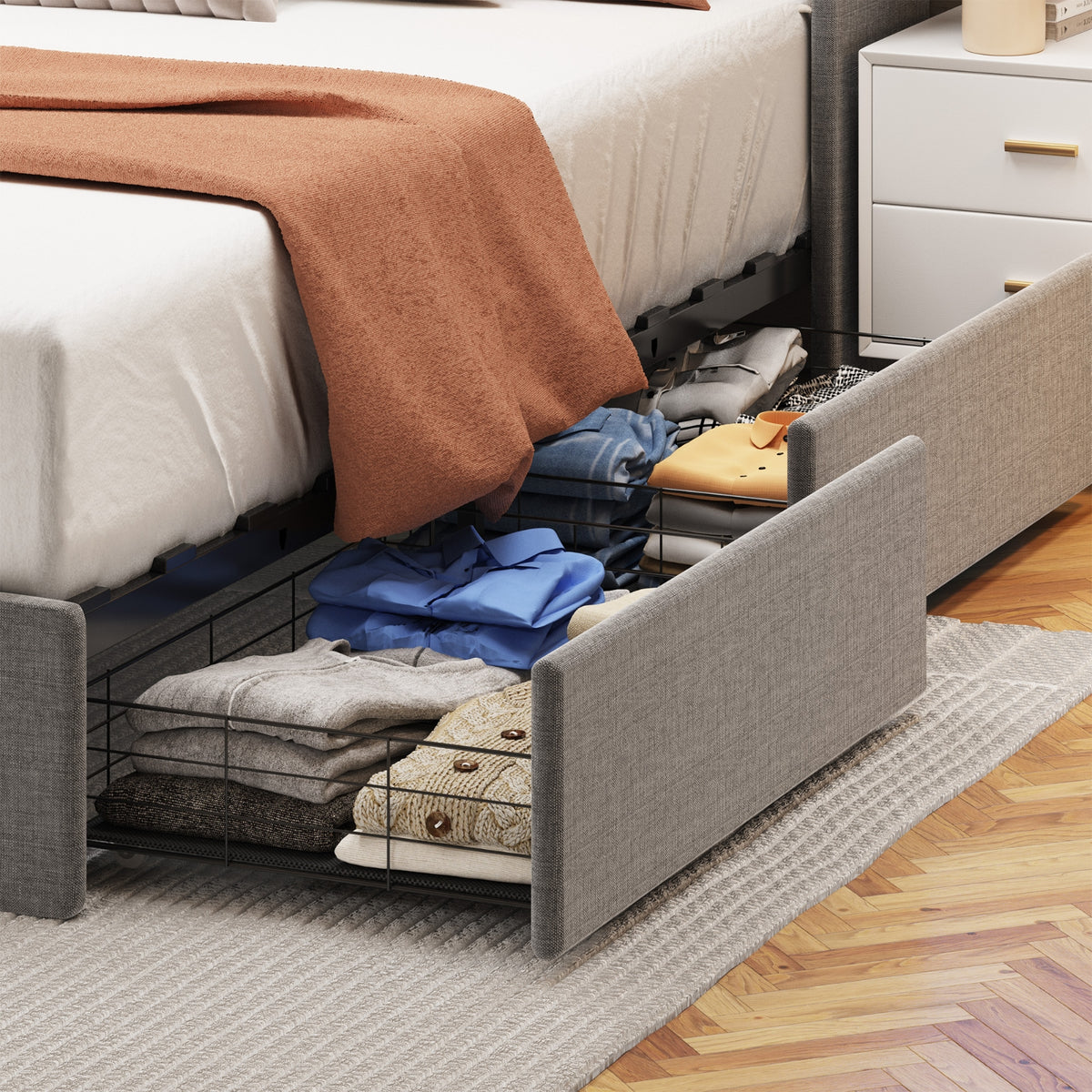 Queen Size Bed Frame With LED, Storage Drawers, Wings Headboard - Light Gray
