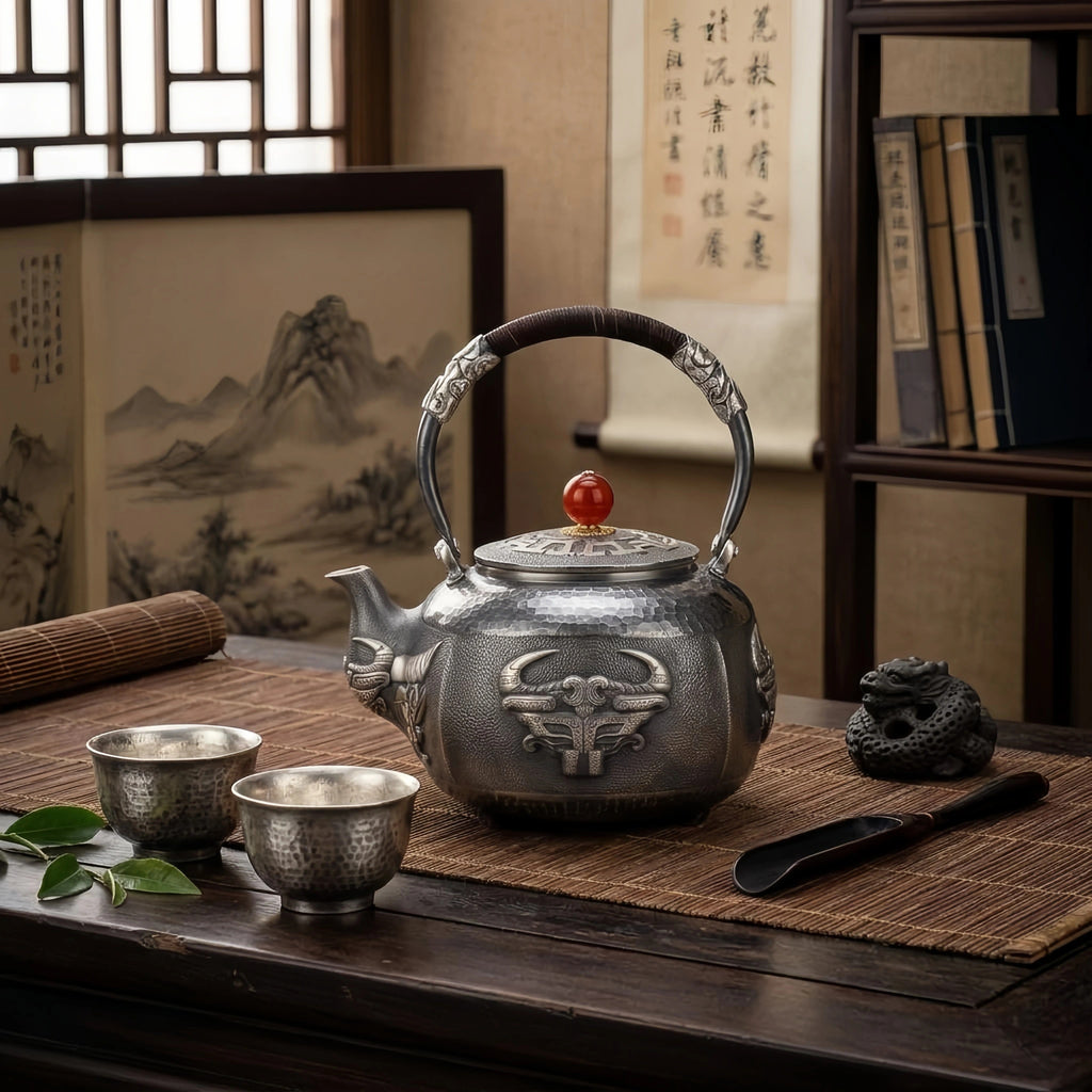 925 Sterling Silver Vintage Hammered Silver Kettle Featuring Ornate Bull Mask Design and Red Bead Finial - Handicraft