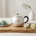 Pure 999 Fine Silver Elegant Handcrafted Hammered Silver Teapot Featuring Gilded Lotus and Verdant Gemstone Finial - Handicraft