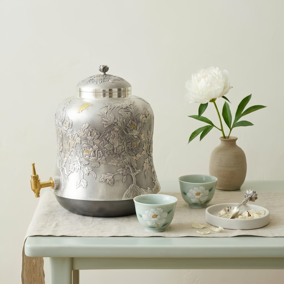 Pure 999 Fine Silver Ornate Silver-Toned Beverage Dispenser with Intricate Peony Relief and Brass-Colored Spigot - Handicraft