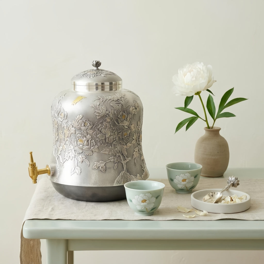 Pure 999 Fine Silver Ornate Silver-Toned Beverage Dispenser with Intricate Peony Relief and Brass-Colored Spigot - Handicraft