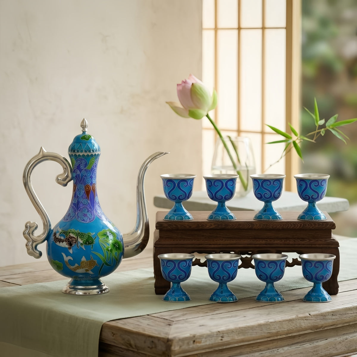 925 Sterling Silver Enamel and  Teapot Set with Eight Cups: Ornate Blue Design on Wooden Stand - Handicraft