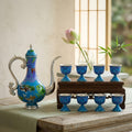 925 Sterling Silver Enamel and  Teapot Set with Eight Cups: Ornate Blue Design on Wooden Stand - Handicraft