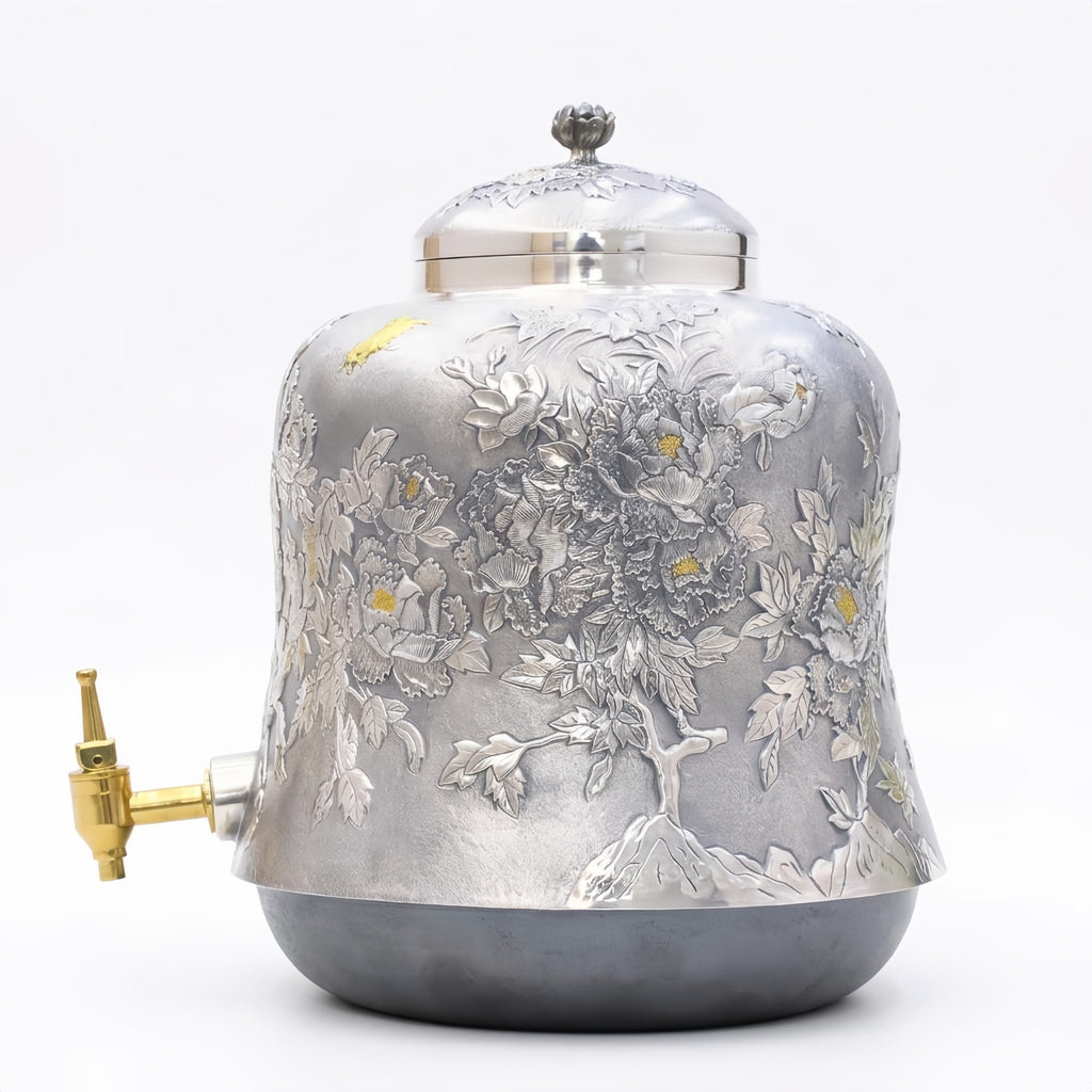 Pure 999 Fine Silver Ornate Silver-Toned Beverage Dispenser with Intricate Peony Relief and Brass-Colored Spigot - Handicraft
