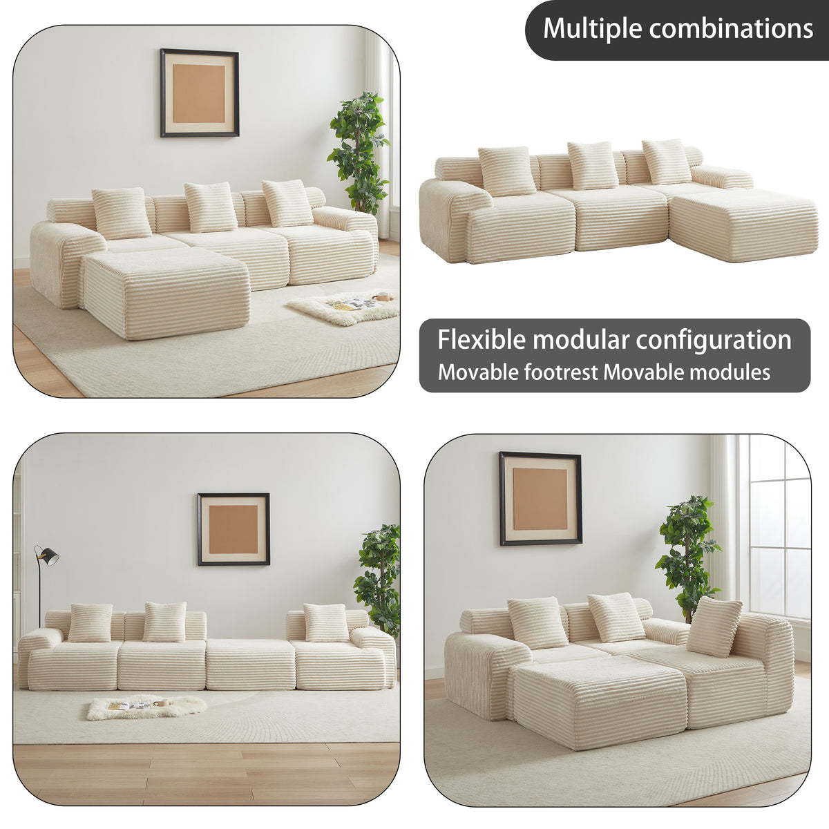114-inch Corduroy Modular Sofa Boneless Couch, Featuring An Inlaid Structural Design, Three Throw Pillows, Wider Backrest Design And Four Freely Configurable Modules.
