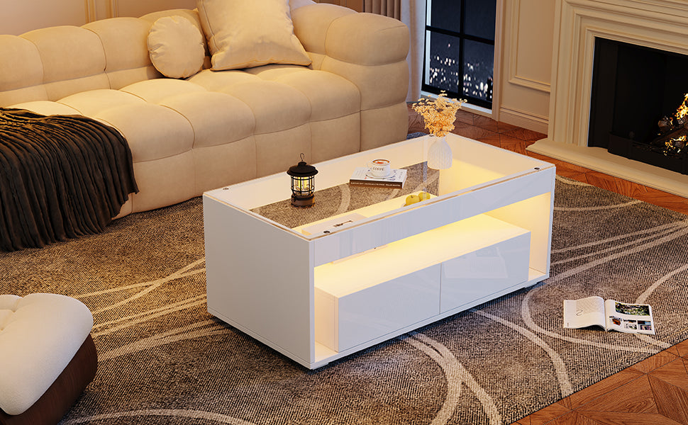 High Gloss Coffee Table With Open Storage, LED Lights, Centre Table With Glass Tabletop, Sofa Side Table With 2 Drawers, Coffee End Table With LED For Living Room, Office, 100X50X40cm, White