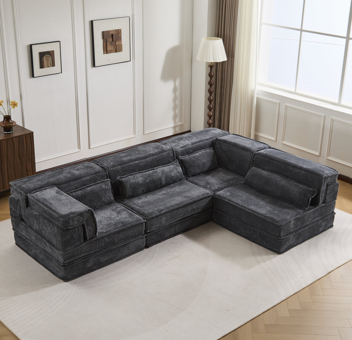 Compression Mahjong Sofa,Convertible Floor Sofa Bed,DIY Boneless Modular Sectional Sofa,No Assembly Required,Circle Fleece Fabric,Oversized 4 Seater With 4 Pillows,Dark-grey