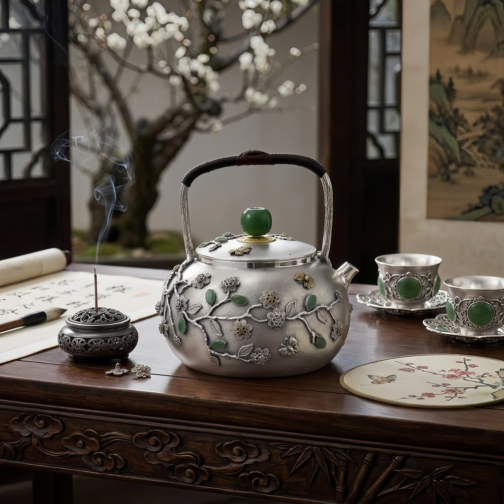 925 Sterling Silver Handcrafted Silver Teapot with Green Gemstone Accents and Ornate Floral Filigree - Handicraft
