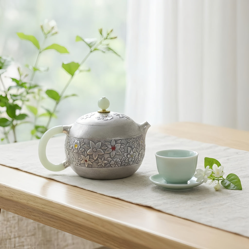 Pure 999 Fine Silver Handcrafted Silver Floral Teapot with Green Jade Accents and Intricate Metalwork - Handicraft