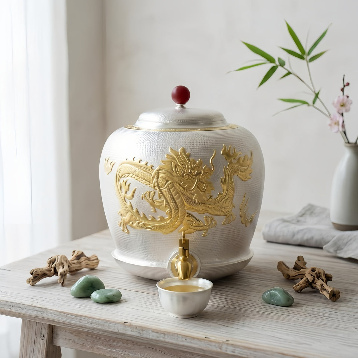 925 Sterling Silver Elegant Silver-Toned Beverage Urn Featuring Intricate Gilded Dragon Relief and Vibrant Red Finial - Handicraft
