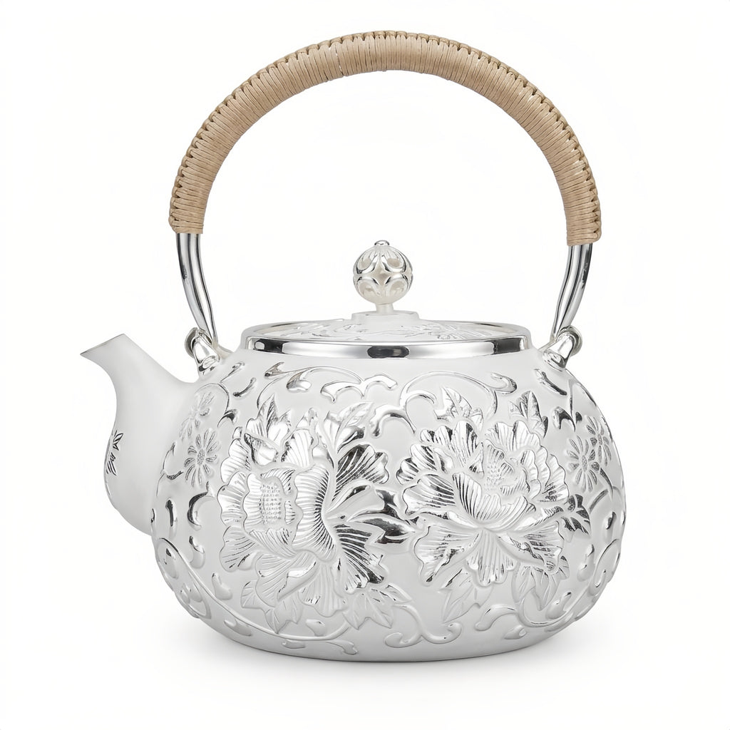 Pure 999 Fine Silver Exquisite Handcrafted Silver Teapot with Intricate Peony Engravings and Woven Rattan Handle - Handicraft