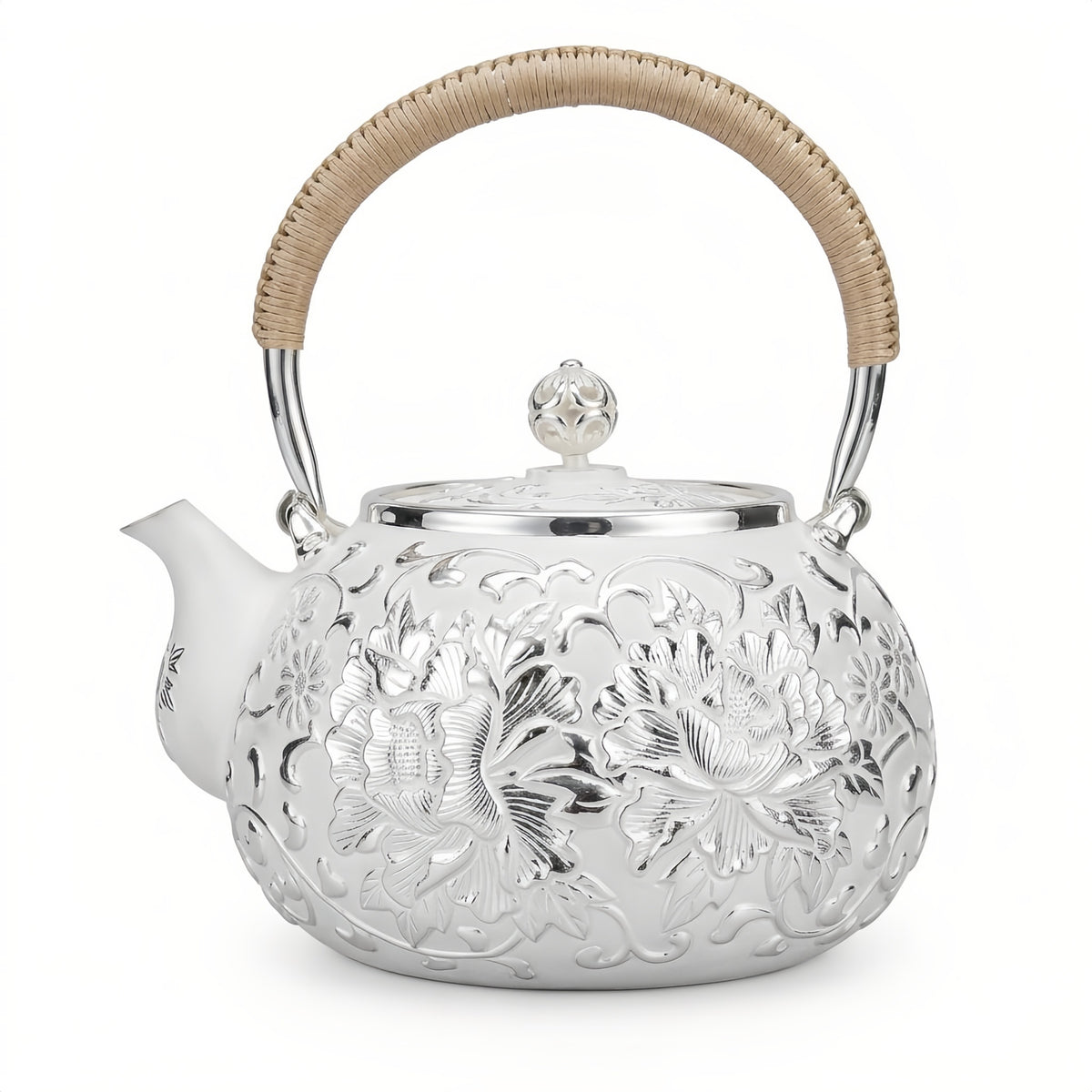 Pure 999 Fine Silver Exquisite Handcrafted Silver Teapot with Intricate Peony Engravings and Woven Rattan Handle - Handicraft