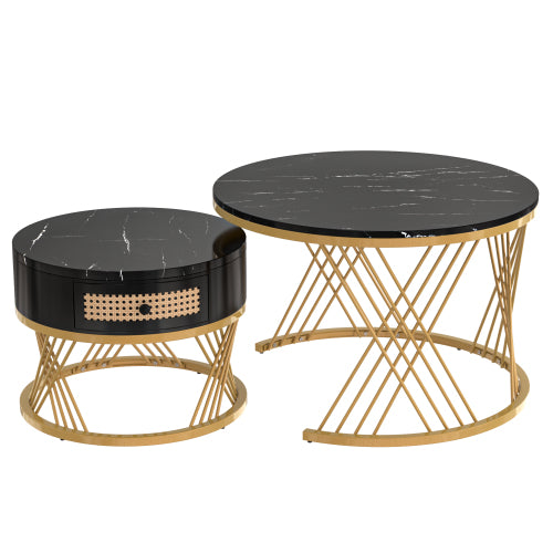 2 In 1 Round Coffee Table Made Of MDF With Marble Grain Veneer Top, Rattan Drawers And Solid Wood Handles. Gold Coloured Iron Legs. 70x70x45.5  50x50x38.5cm