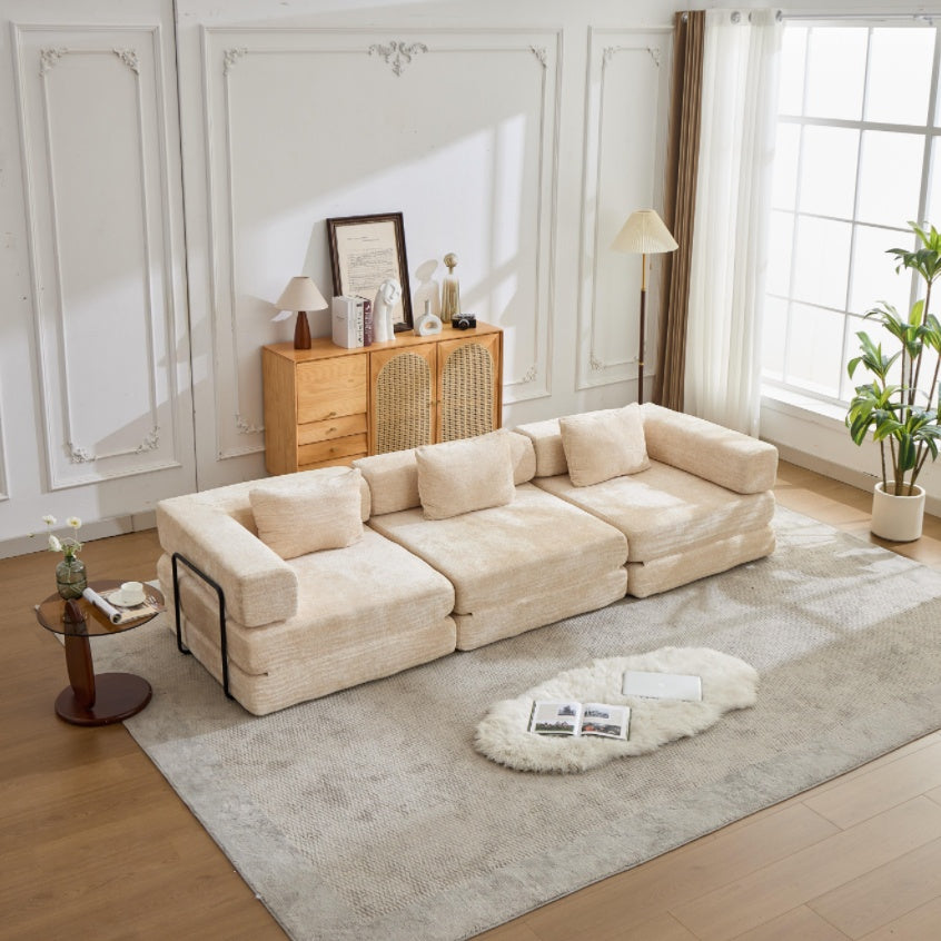 Compression Sofa,Convertible Floor Sofa Bed With Fixed-Shape Frame, Boneless Modular Sectional Sofa,No Assembly Required,Chenille Fabric,for Living Room Bedroom,Beige