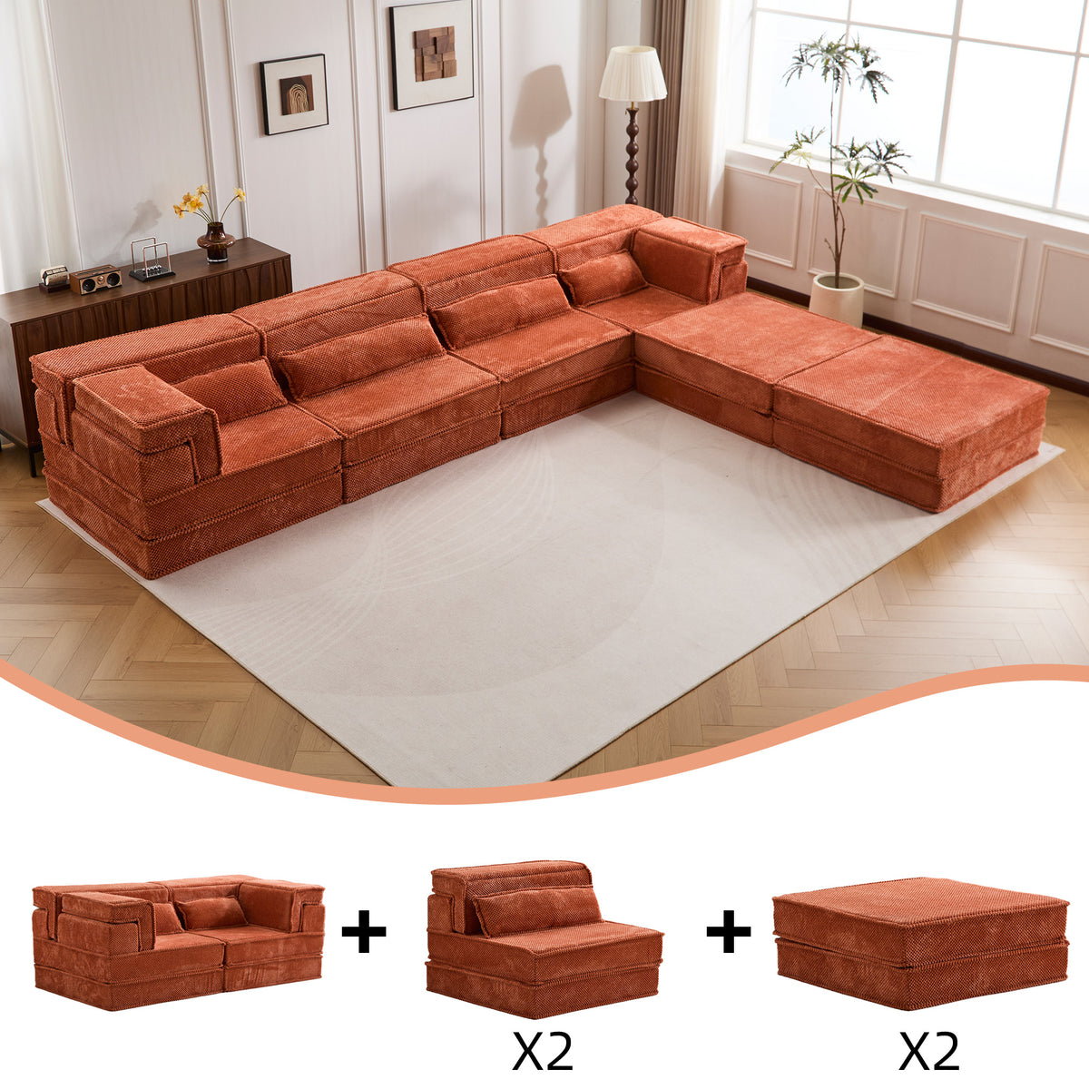 Compression Mahjong Sofa,Convertible Floor Sofa Bed,DIY Boneless Modular Sectional Sofa,No Assembly Required,Circle Fleece Fabric,Oversized 4 Seater With 2 Ottoman,Orange