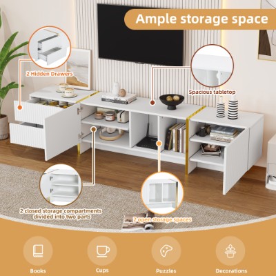 TV Stand For 85inch TV, Entertainment Center With Storage Cabinet And Open Shelves, Embossed Pattern TV Stand, TV Cabinet And Media Console For Living Room, Bedroom, White