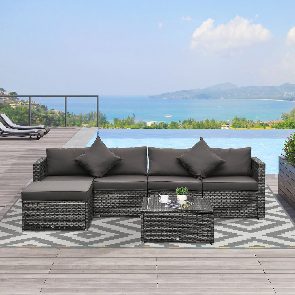 6 Piece Patio Furniture Set Outdoor Wicker Conversation Set All Weather PE Rattan Sectional Sofa Set with Ottoman, Cushions and Tempered Glass Table, Mixed Gray and Charcoal
