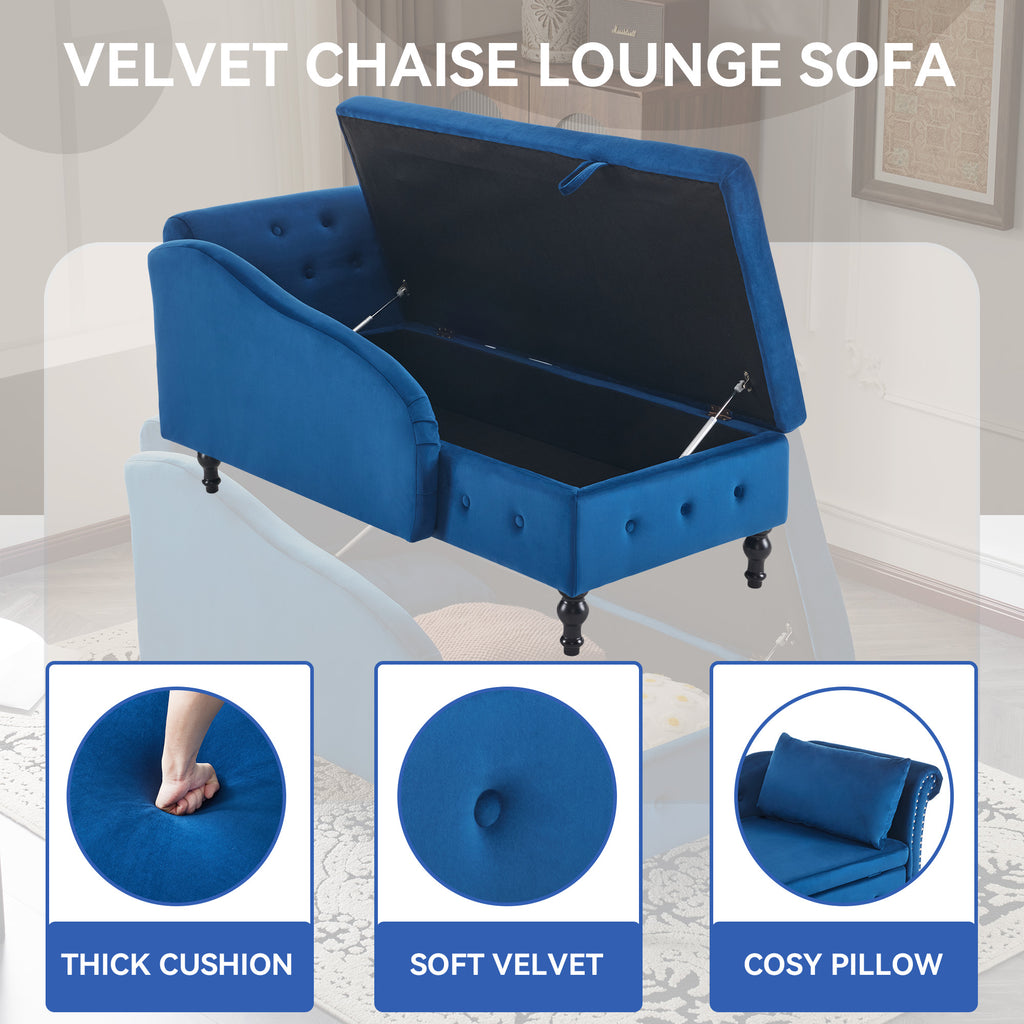 Velvet Chaise Lounge Sofa With Storage, Upholstered Chaise Lounge Couch With Pillow For Living Room, Modern Nailhead-Trim & Button-tufted Lounge Chair, Bedroom And Office, Right Armrest