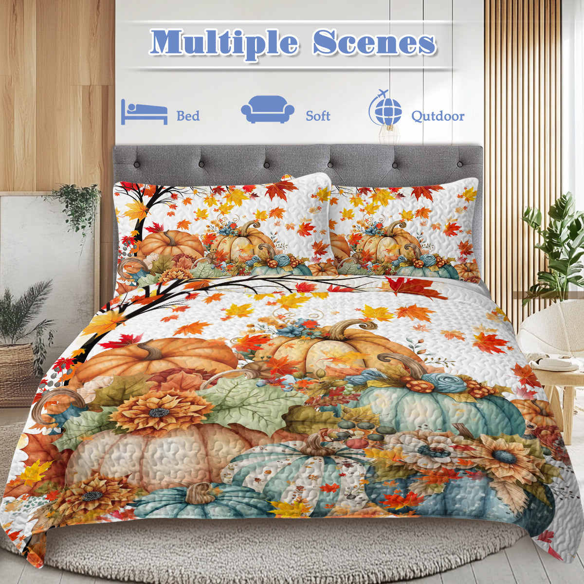 3 Pieces Colorful Oil Painting Pumpkin Pattern Quilt Set Twin Full Queen King Size For All Seasons Flower Fall Leaves Bedding Set With 2 Pillowcases For Kids Adults Thanksgiving Day Gifts