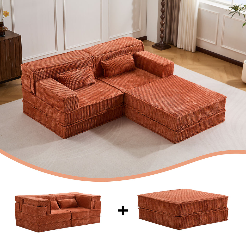 Compression Mahjong Sofa,Convertible Floor Sofa Bed,DIY Boneless Modular Sectional Sofa,No Assembly Required,Circle Fleece Fabric,Oversized 2 Seater With 1 Ottoman,Orange