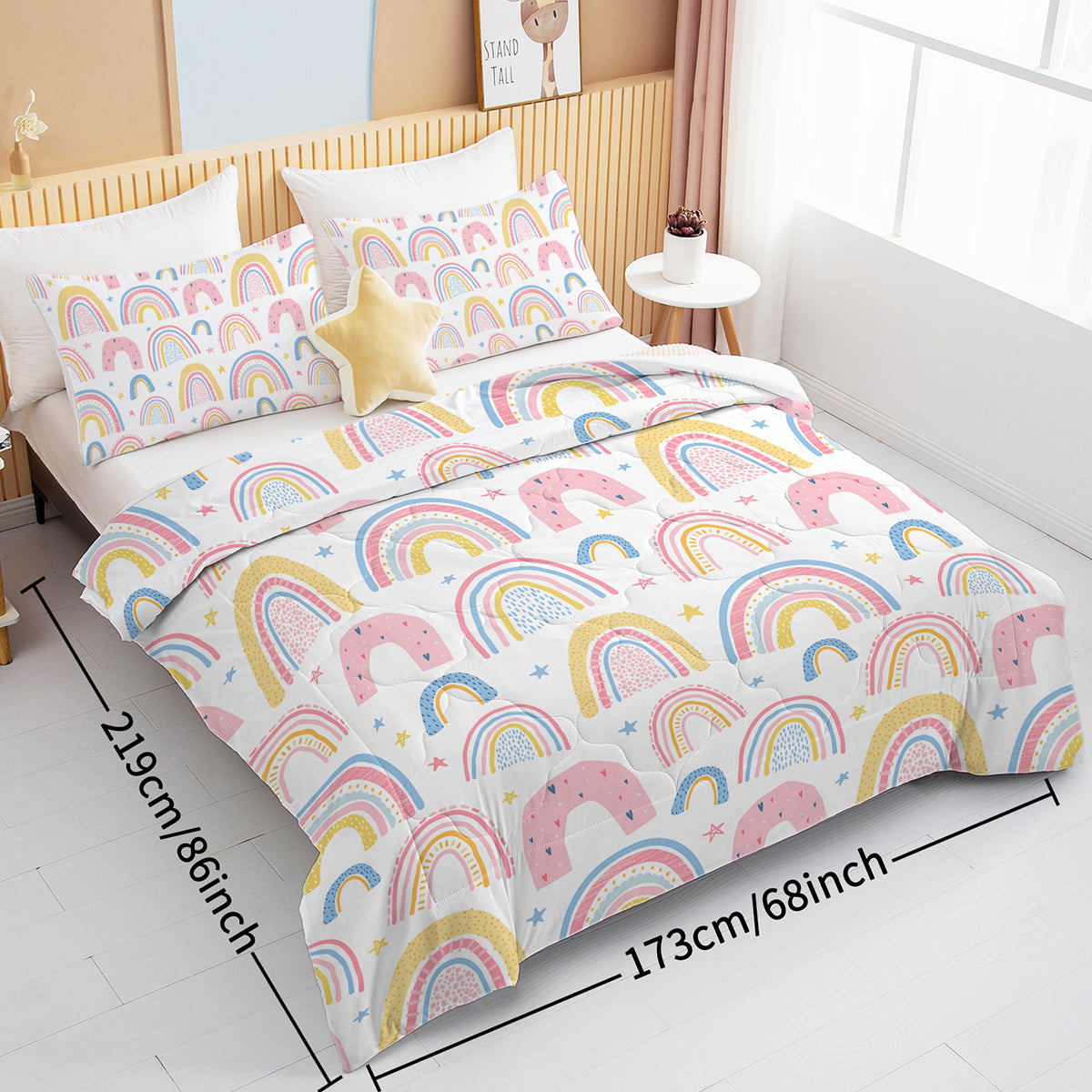 Rainbow Pattern Comforter Set For Women Pink And Yellow Rainbow Star Comforter 3 Piece With 2 Pillow Shams 1 Comforter And 2 Pillow Shams  Twin Full Queen King Size