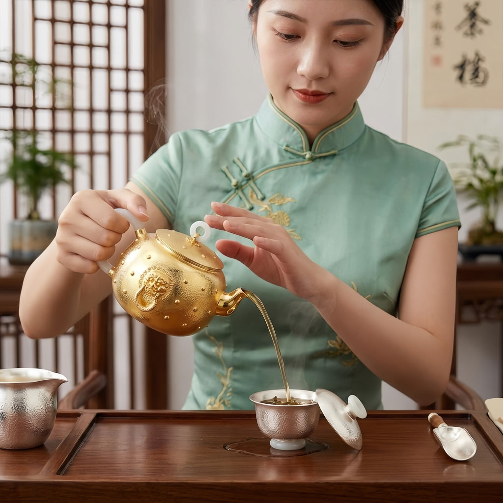 Pure 999 Fine Silver Imperial Ornate Metal Teapot with White Stone Handle and Mythical Guardian Mask - Handicraft