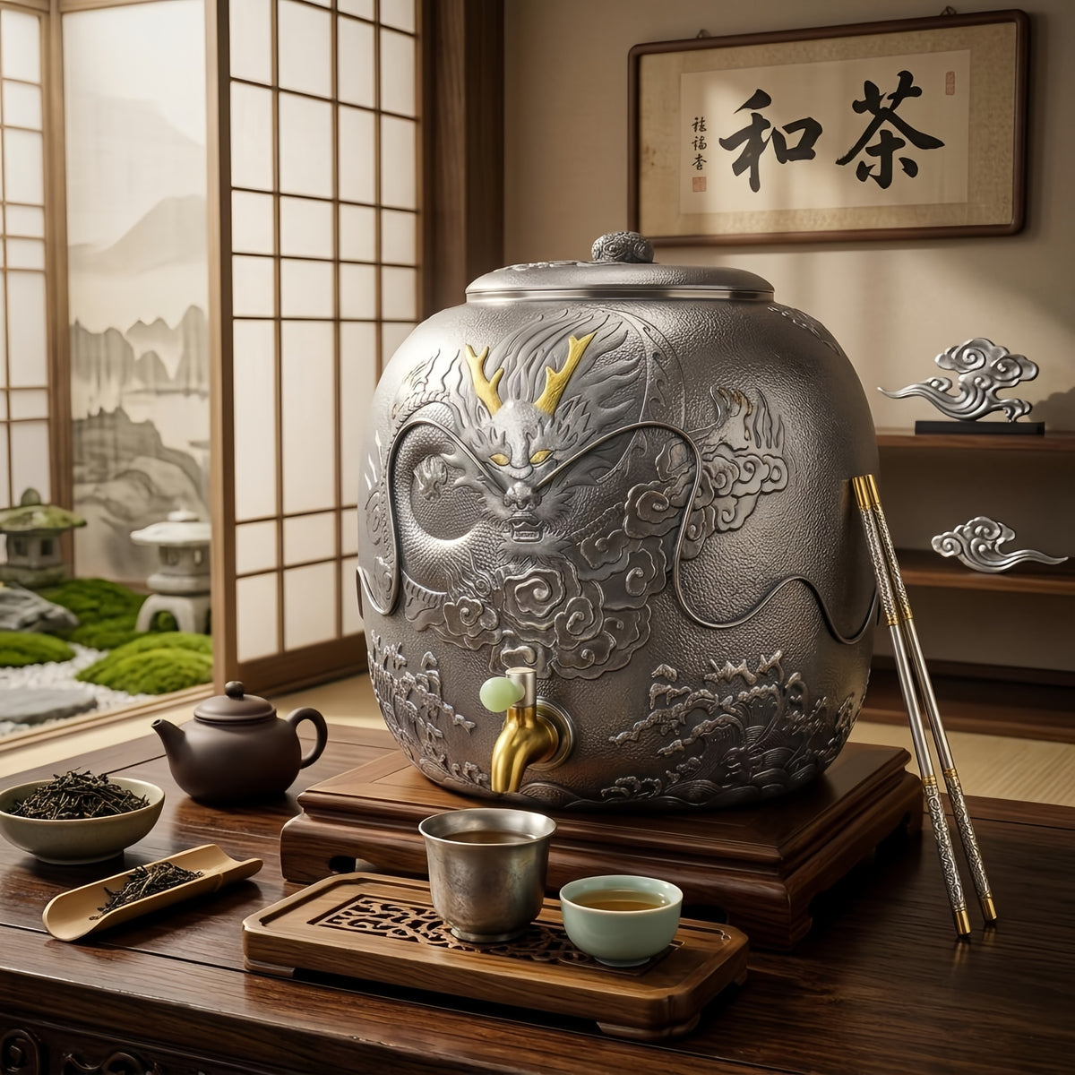 Pure 999 Fine Silver Elegant Embossed Silver-Toned Dragon Dispenser Featuring Ornate Relief and Metallic Accents - Handicraft