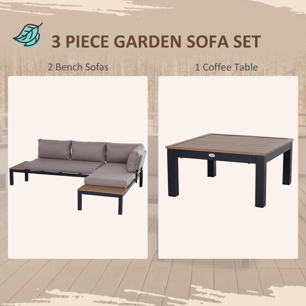 3 Pieces Garden Furniture Set, Aluminium 4 Seater Corner Sofa Set With 2 Loveseats, Coffee Table And Side Trays, Outdoor Conversation Furniture With Cushions For Garden, Black