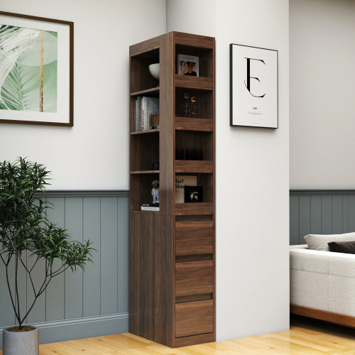 70.87 H Display Storage Cabinet , 4-Tier Shelf, 3 Side Drawers & 4 Small Display Shelves , Modern Wooden Tall Bookshelf Bookcase For Living Room Home Office