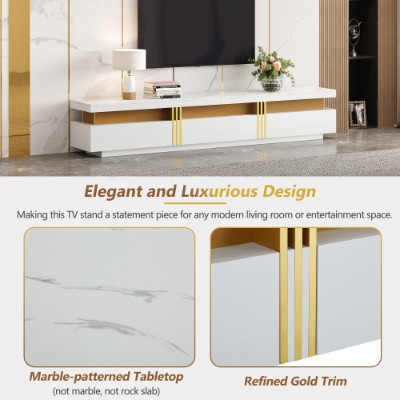 Luxury TV Stand With Faux Marble Top, TV Cabinet Golden Panel Design, And 3 Drawers For Televisions Up To 89'', Rectangle Media Console, Practical Entertainment Center For Living Room, White