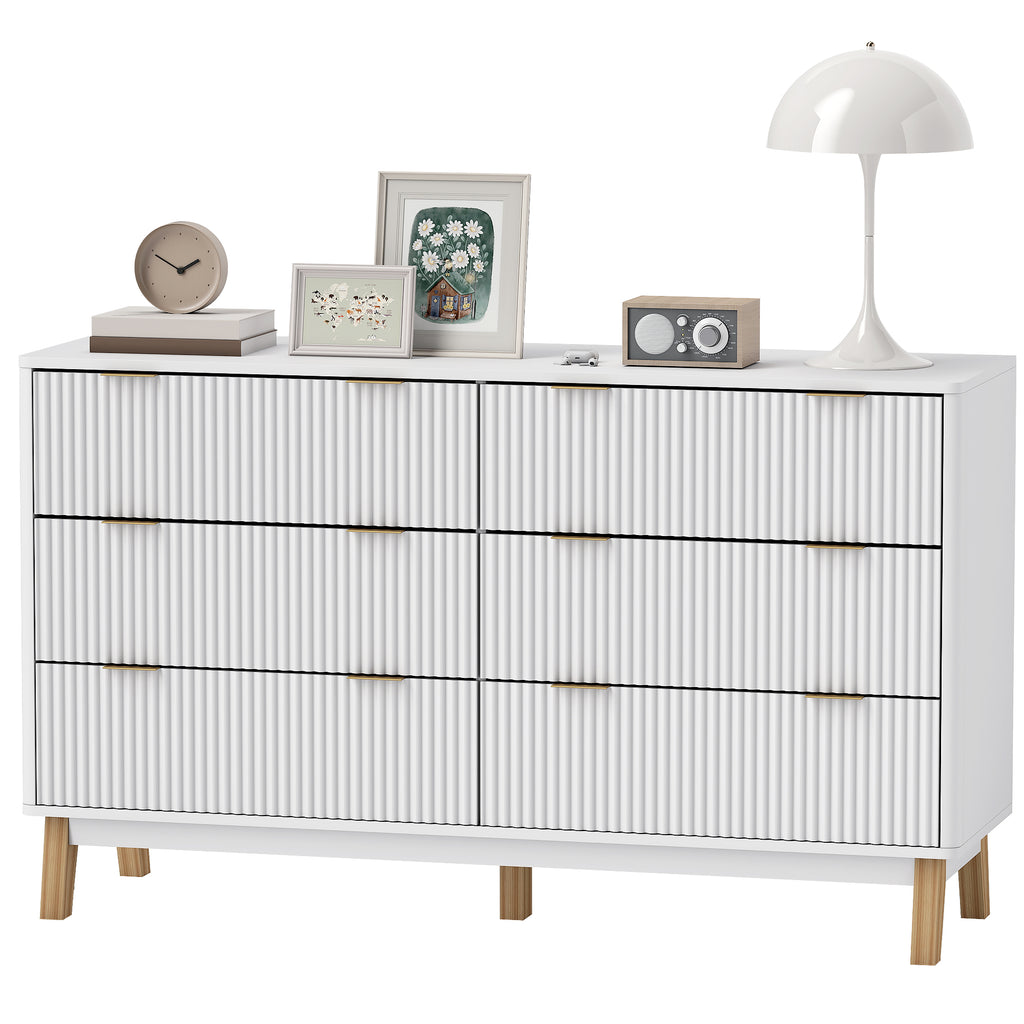 6 Drawer Double Dresser For Bedroom, Fluted Chest Of Drawers With Gold Finger Pulls And 5 Wood Legs, White