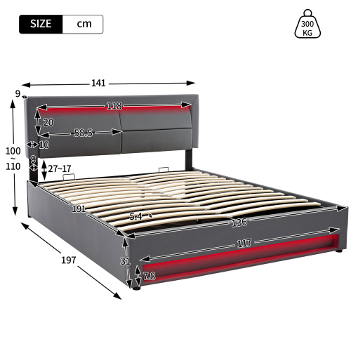 Upholstered Bed 135 X 190 Cm,Double Bed-4ft6,with USB Port Supports Wireless And Wired Charging, With LED Lighting And Storage Space, Without Mattress, PU-Lychee Design, Gray