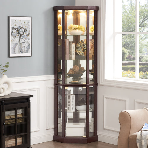 Corner Lighted Curio Cabinet Corner Glass Cabinet Lighted Curio Cabinet Corner Display Case For Living Room, Curio Cabinet, Antique Collection, Wine,Bar Glass Storage Light Included,Dark Cherry