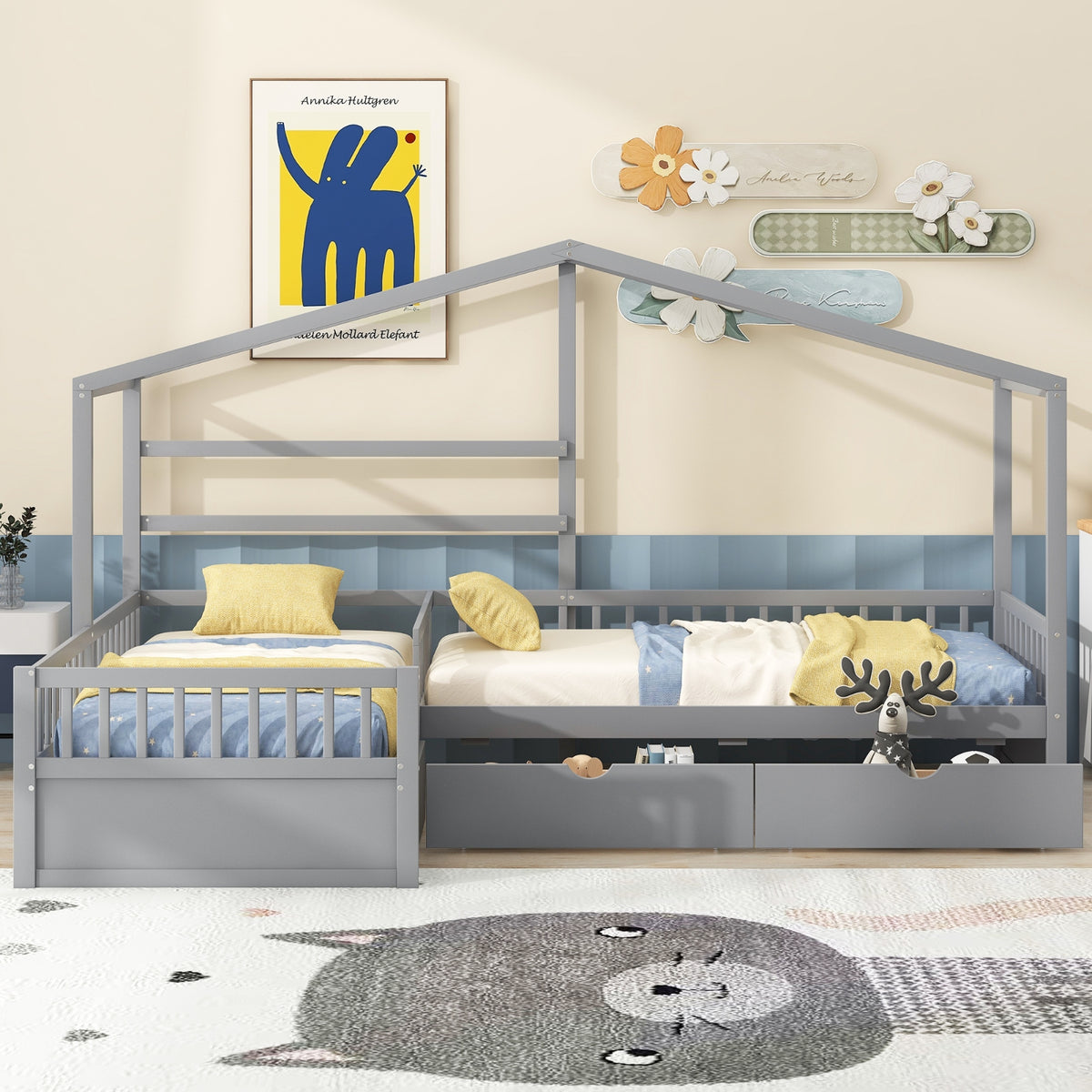 Twin Size House Platform Bed With Three Storage Drawers,Gray