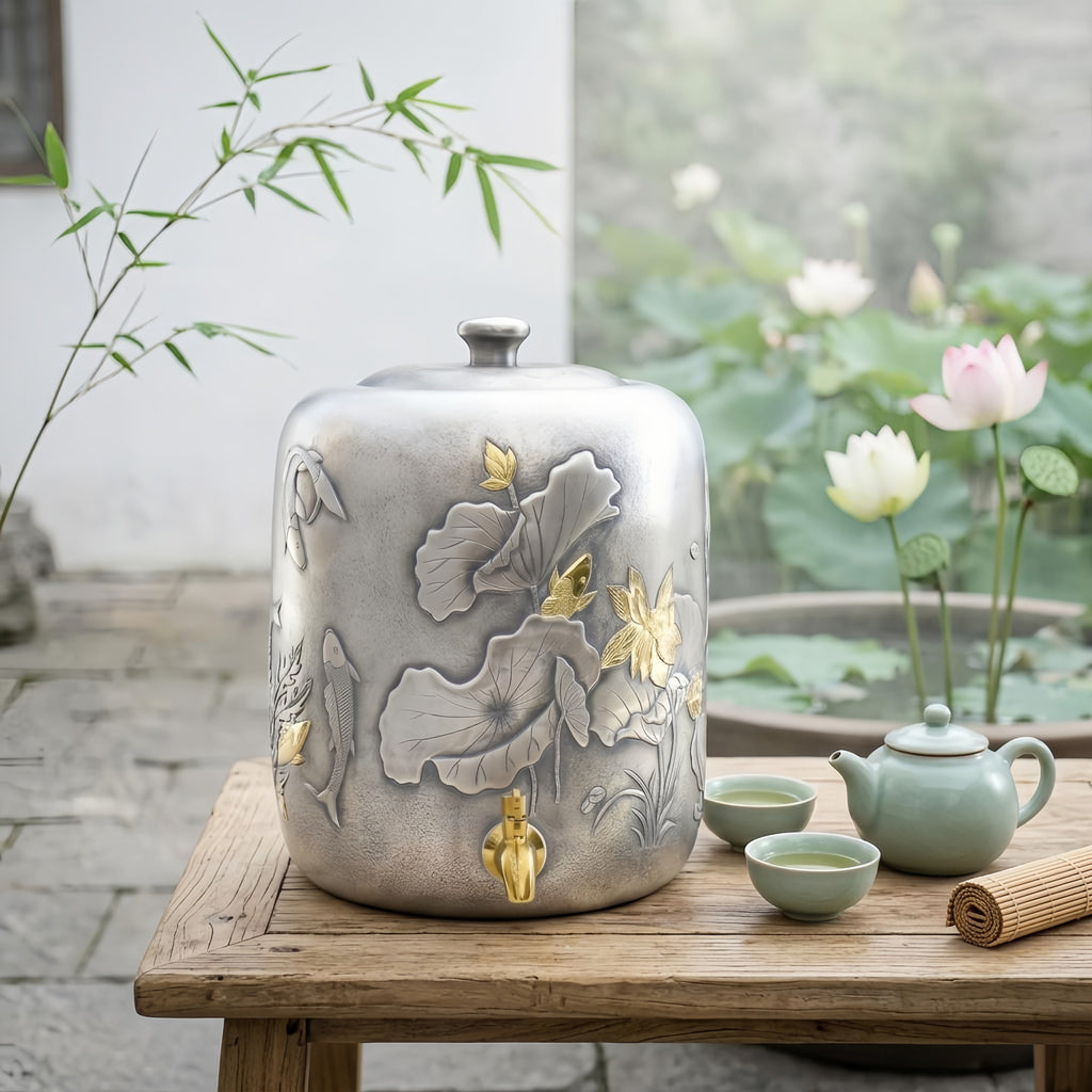 925 Sterling Silver Exquisite Handcrafted Pewter Water Jar with Ornate Lotus and Fish Relief Decorations - Handicraft