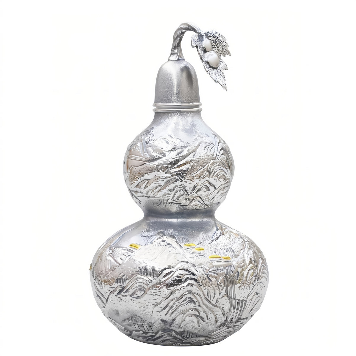 Pure 999 Fine Silver  Gourd Vessel with Engraved Mountain Landscape and Leaf Ornament-Premium gourd - Handicraft