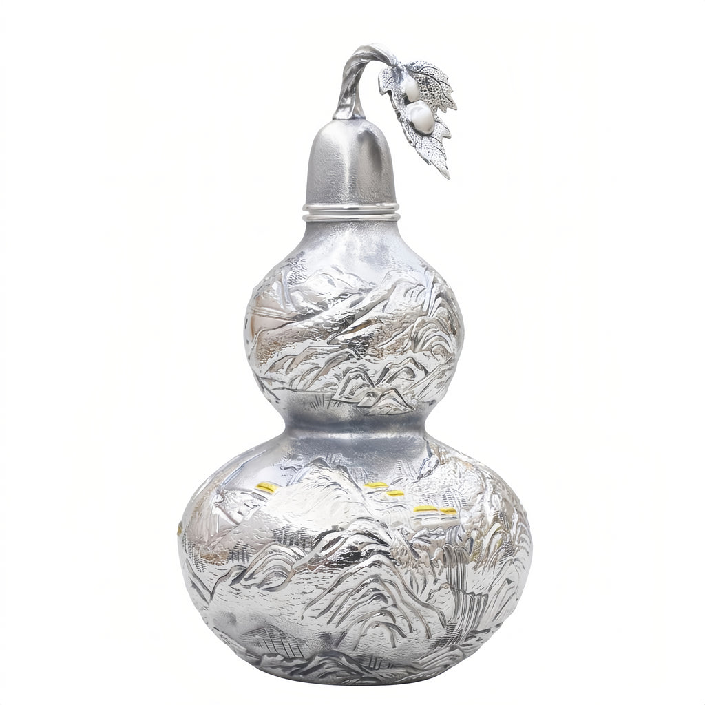 Pure 999 Fine Silver  Gourd Vessel with Engraved Mountain Landscape and Leaf Ornament-Premium gourd - Handicraft