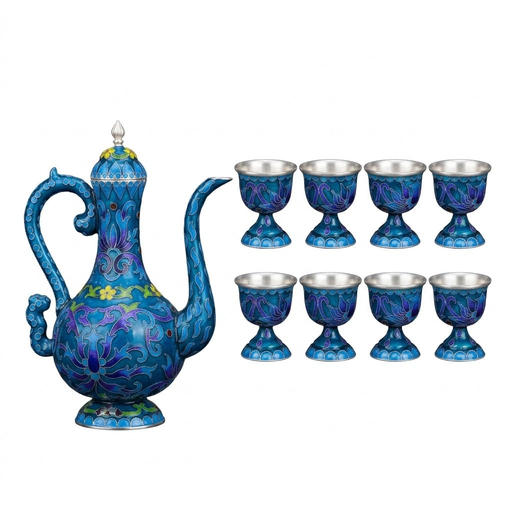 925 Sterling Silver Blue Cloisonné Enamel Teapot and Eight Cups Set on Wooden Stand - Handicraft