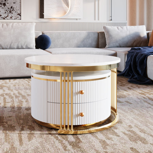 Modern 2-piece White Circular Nested Coffee Table With Drawers, 27.6 Inches