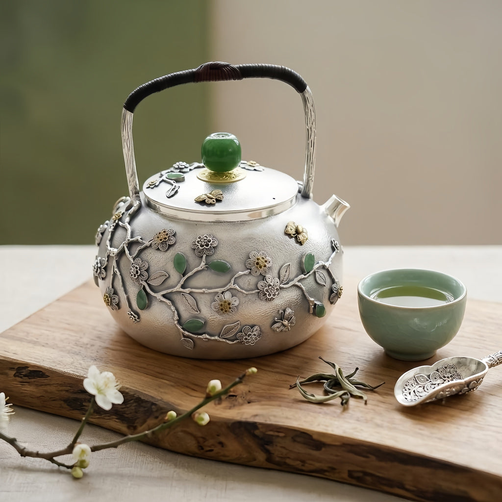 925 Sterling Silver Handcrafted Silver Teapot with Green Gemstone Accents and Ornate Floral Filigree - Handicraft