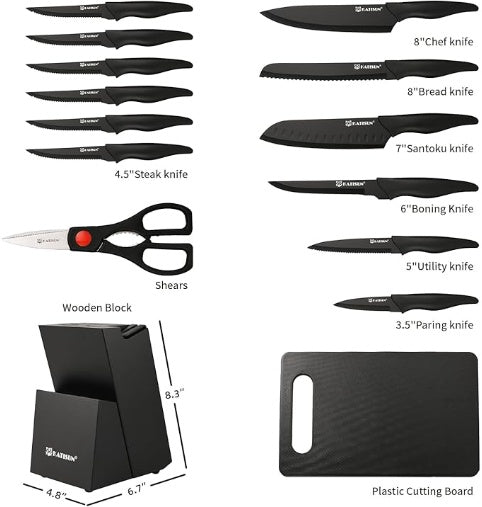 16 Pieces Kitchen Knife Block Set With Cutting Board, German Stainless Steel Knife Set With Sharpener, Dishwasher Safe, Anti-Slip Handle, 6 Steak Knives, Black