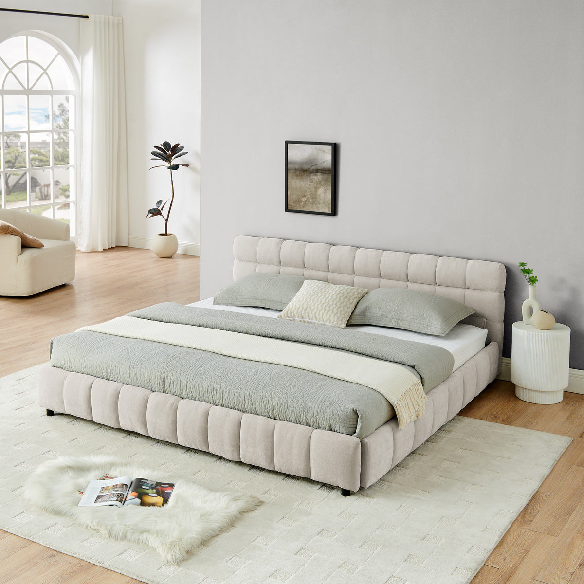 King Size Upholstered Bed ,comfortable Upholstered Bed Frame, Chenille Fabric, With Headboard And Solid Bed Frame. With Drawer For Storage.-Beige 88.5x85.5x31