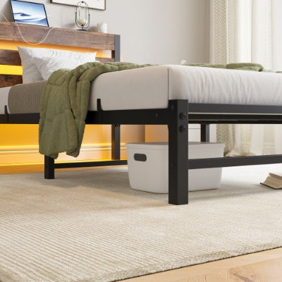 Twin Size Bed Frame Heavy Duty Platform Bed Frame With Headboard, USB Charging Station, LED Bed, No Box Spring Needed, Mattress Foundation, Strong Steel Slats, Noise Free, Brown