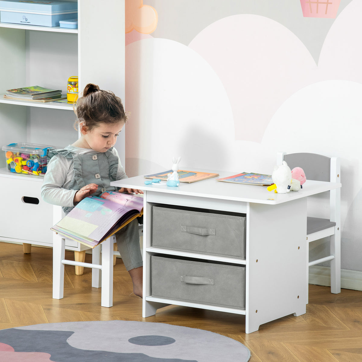 3 Pcs Kids Table & Chairs Set Mini Seating Furniture Home Playroom Bedroom Dining Room W/ Storage Drawers Safe Corners For 2-4 Years Old White
