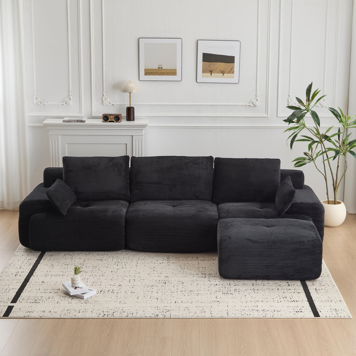 Modern Memory Foam Compressed Sofa,Large Sectional Couches For Living Room,Pet-Friendly Cloud Modular Sectional Sofa,Corduroy Fabric,Extra Deep Loveseat,No Assembly Required, Black