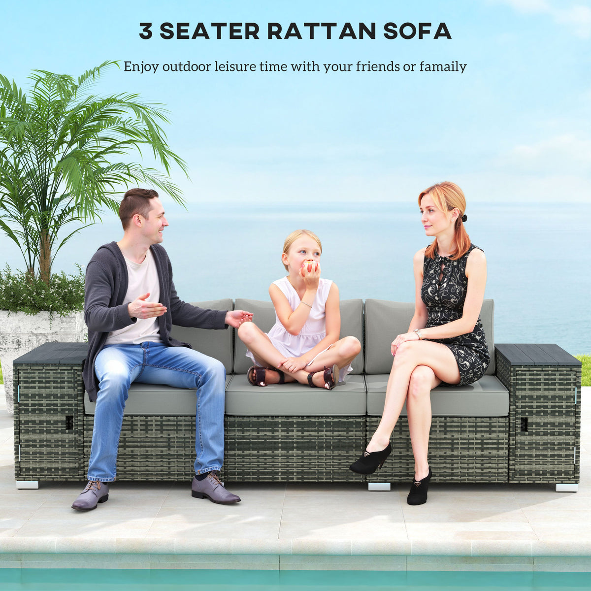 3 Seater Wicker Outdoor Couch Patio Sofa With Storage, Thickened Cushions And Wide Armrests For Porch Yard, Gray