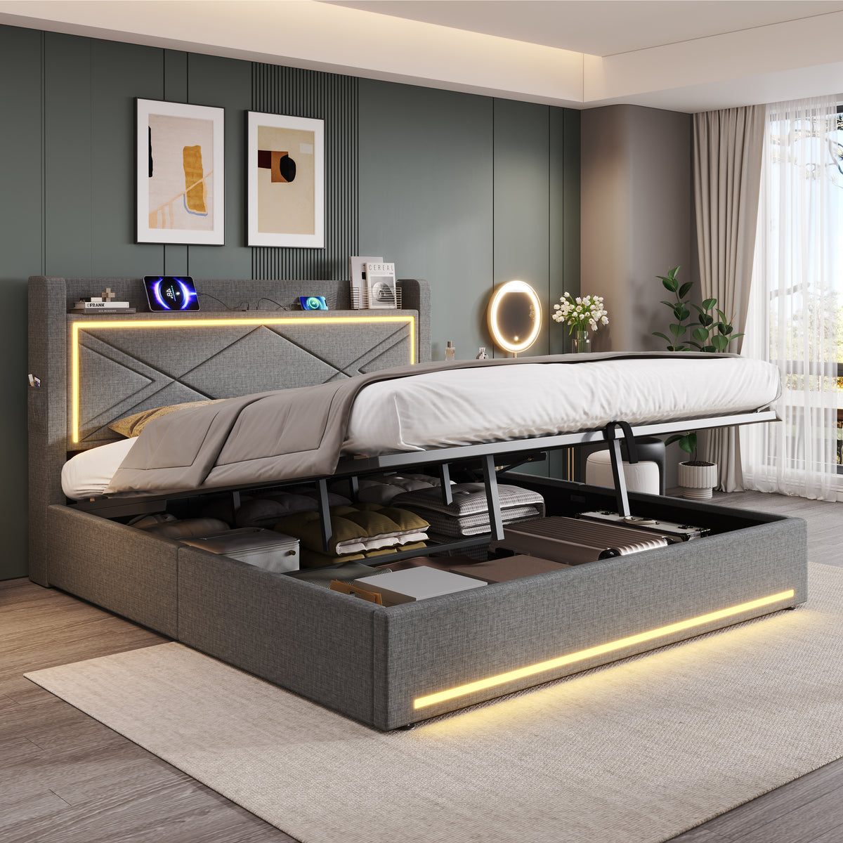 6ft Super King Upholstered Bed Frame With Hydraulic Storage,  Linen Ottoman Bed With LED Lighting And Charging Station, USB And Type - C Ports, No Box Spring Needed, Grey No Mattress